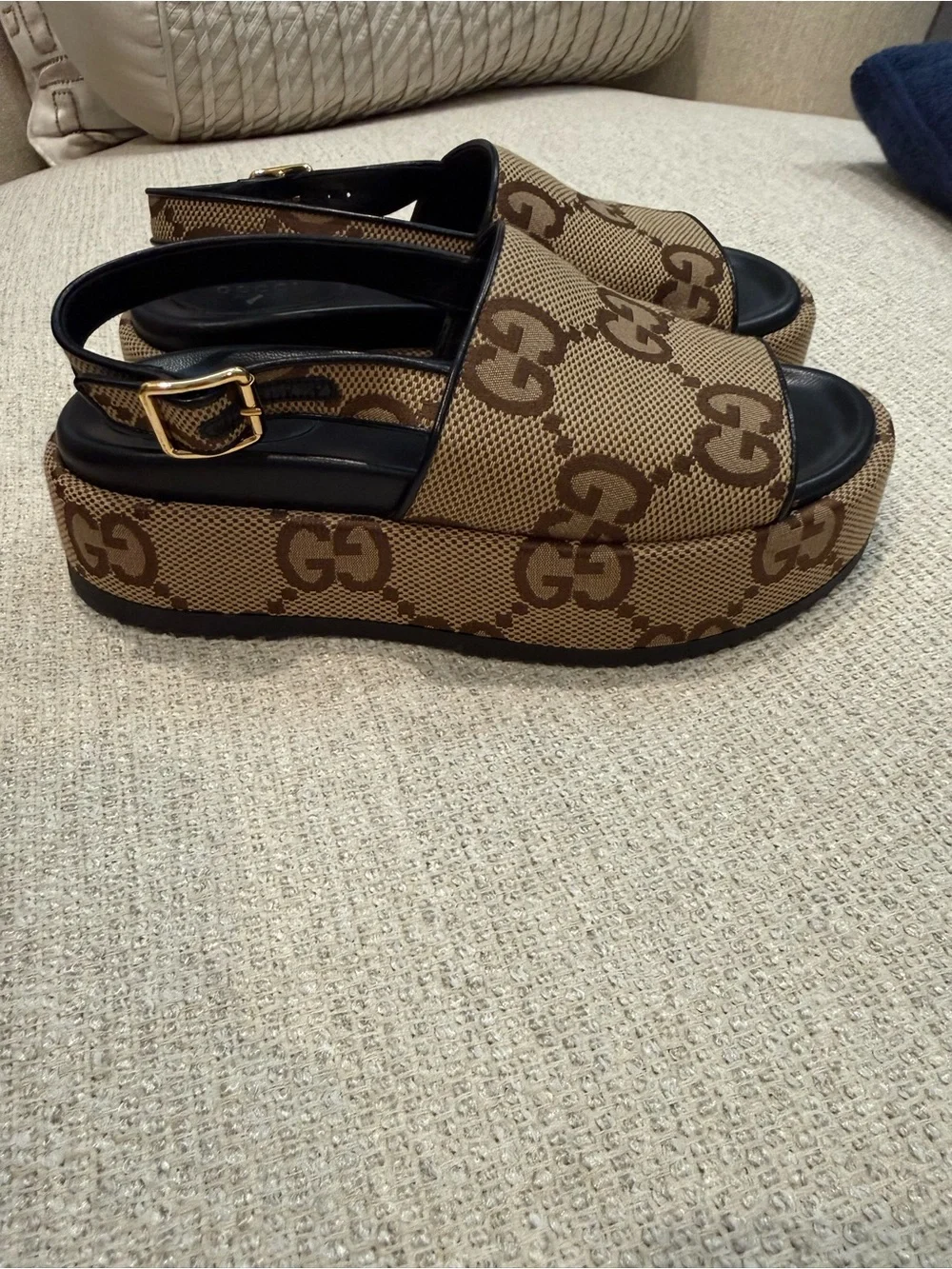 Gucci Black Leather Insole Brown GG Canvas Slingback Sandals